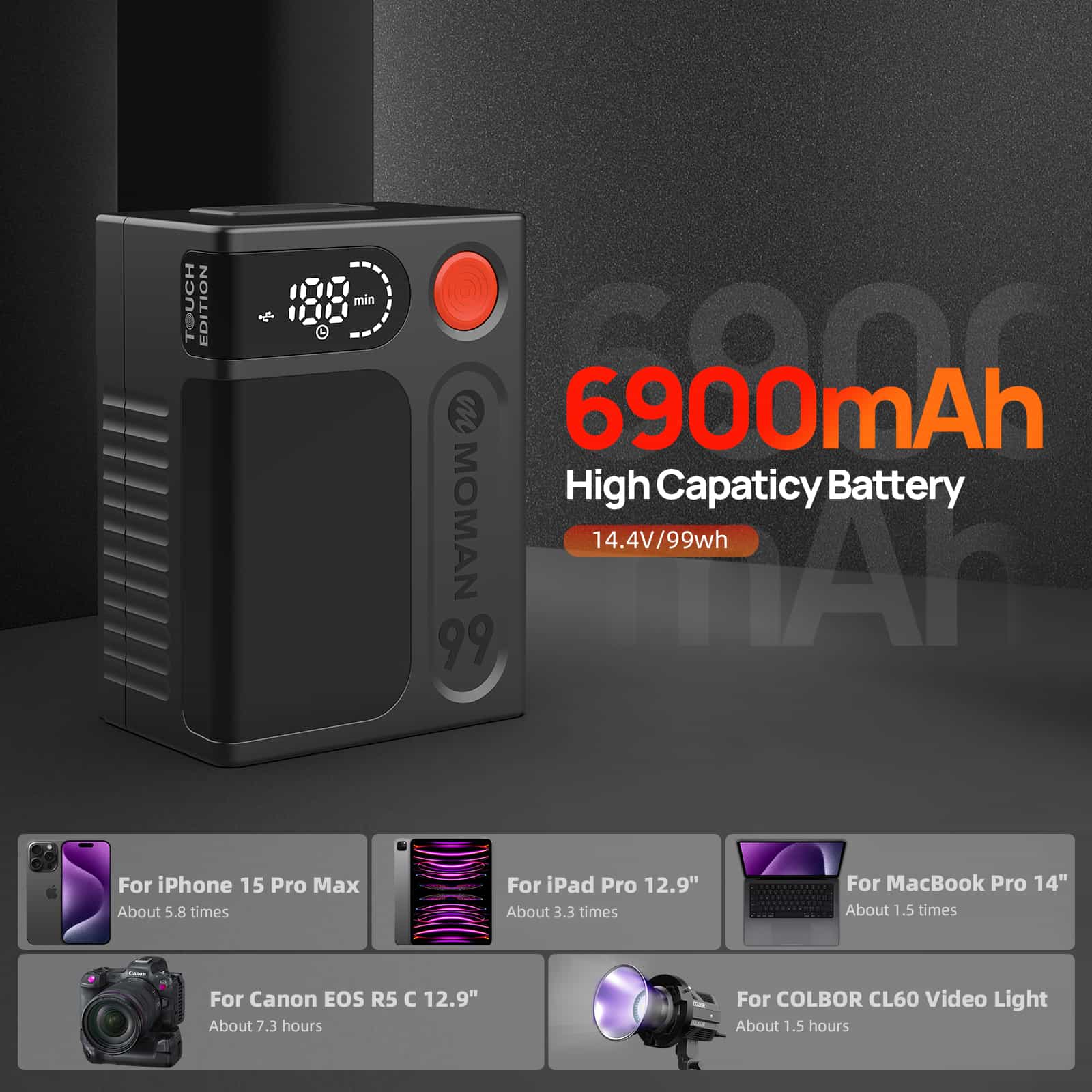 【Extra 20% Off with POBT20】Moman Power 99 Touch 99Wh V-mount Camera Battery with LED Display, D-Tap, DC, USB-A, and USB-C Ports - Image 5