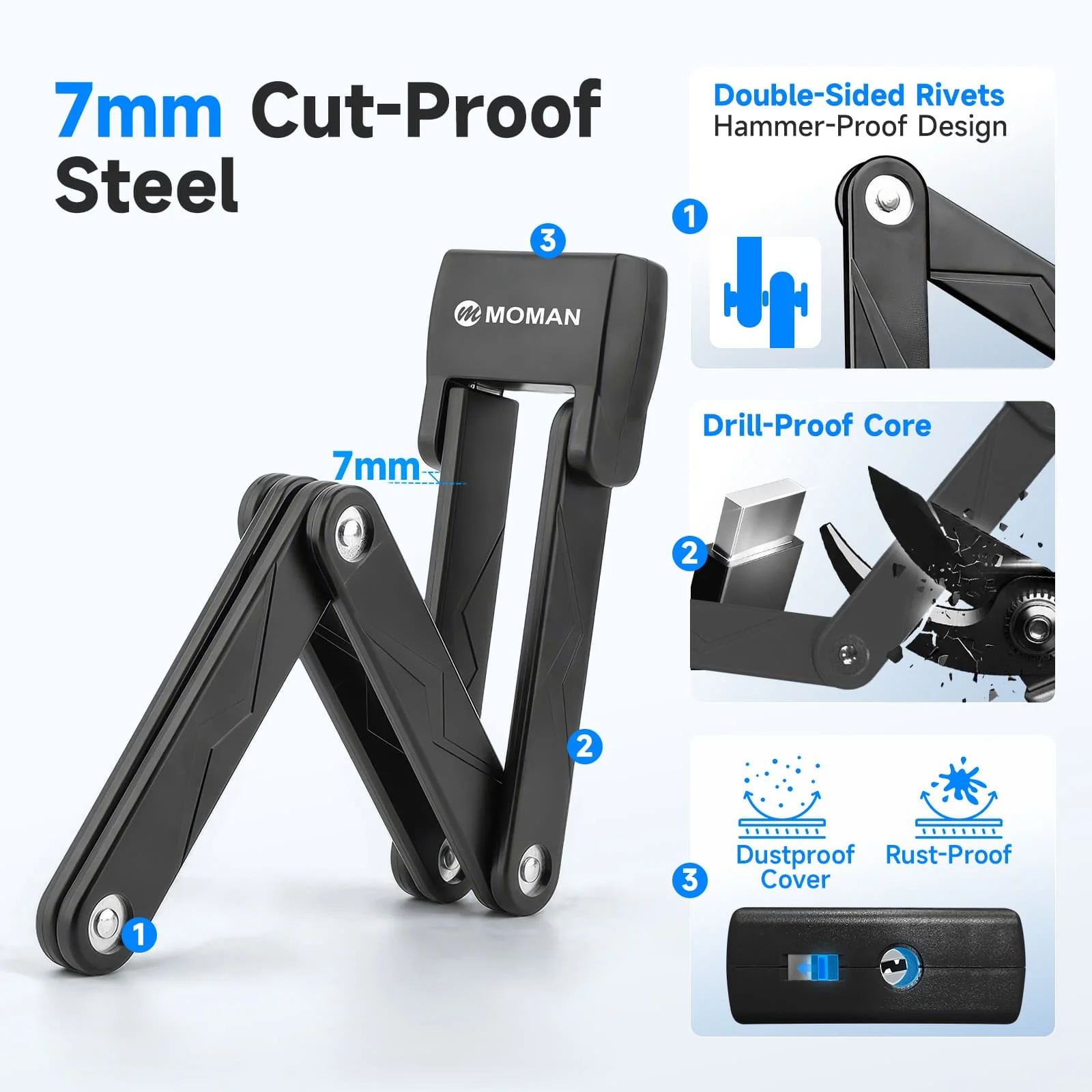 Moman TLK Best Chain Lock for Motorcycle, Foldable, Anti-Theft, Hardened Steel for Bikes, Scooters, and More - Image 3