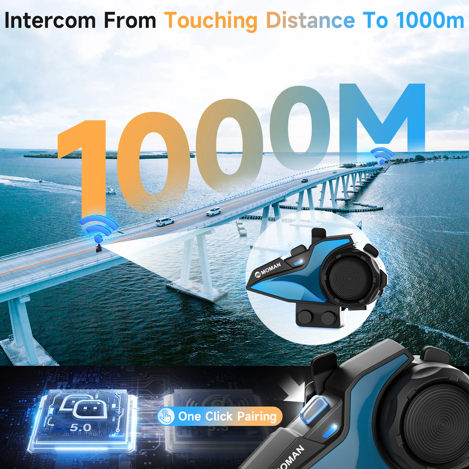 Moman H2E Eagle-Like Helmet Intercom, Bluetooth Intercom with Audio Multitasking, Music Share, Optional Pattern Shell for Motorcycle Two Riders - Image 4