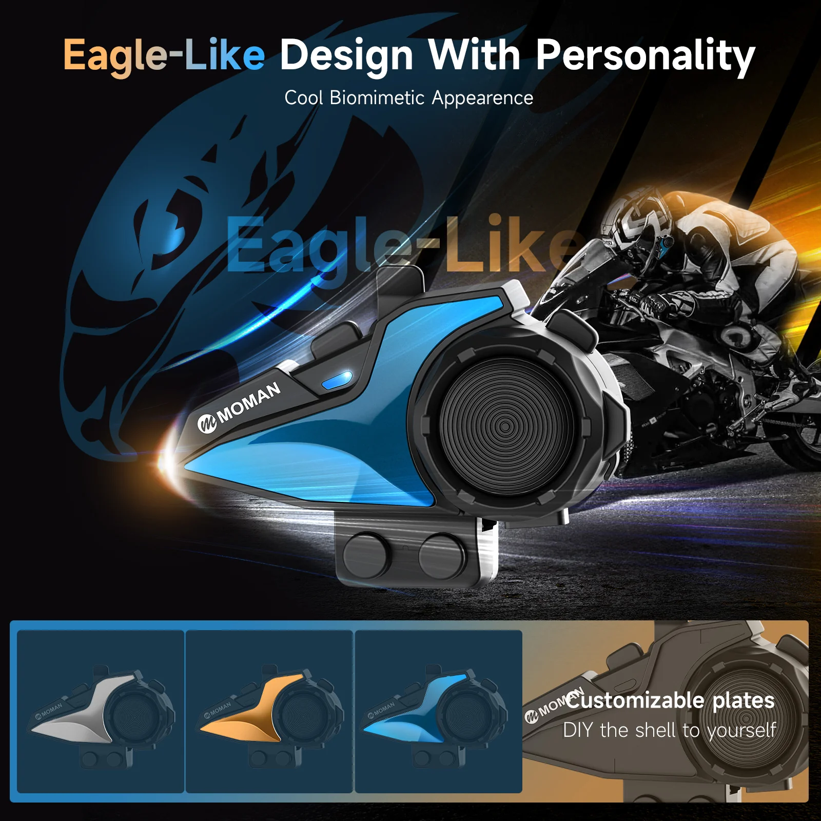 Moman H2E Eagle-Like Helmet Intercom, Bluetooth Intercom with Audio Multitasking, Music Share, Optional Pattern Shell for Motorcycle Two Riders - Image 9