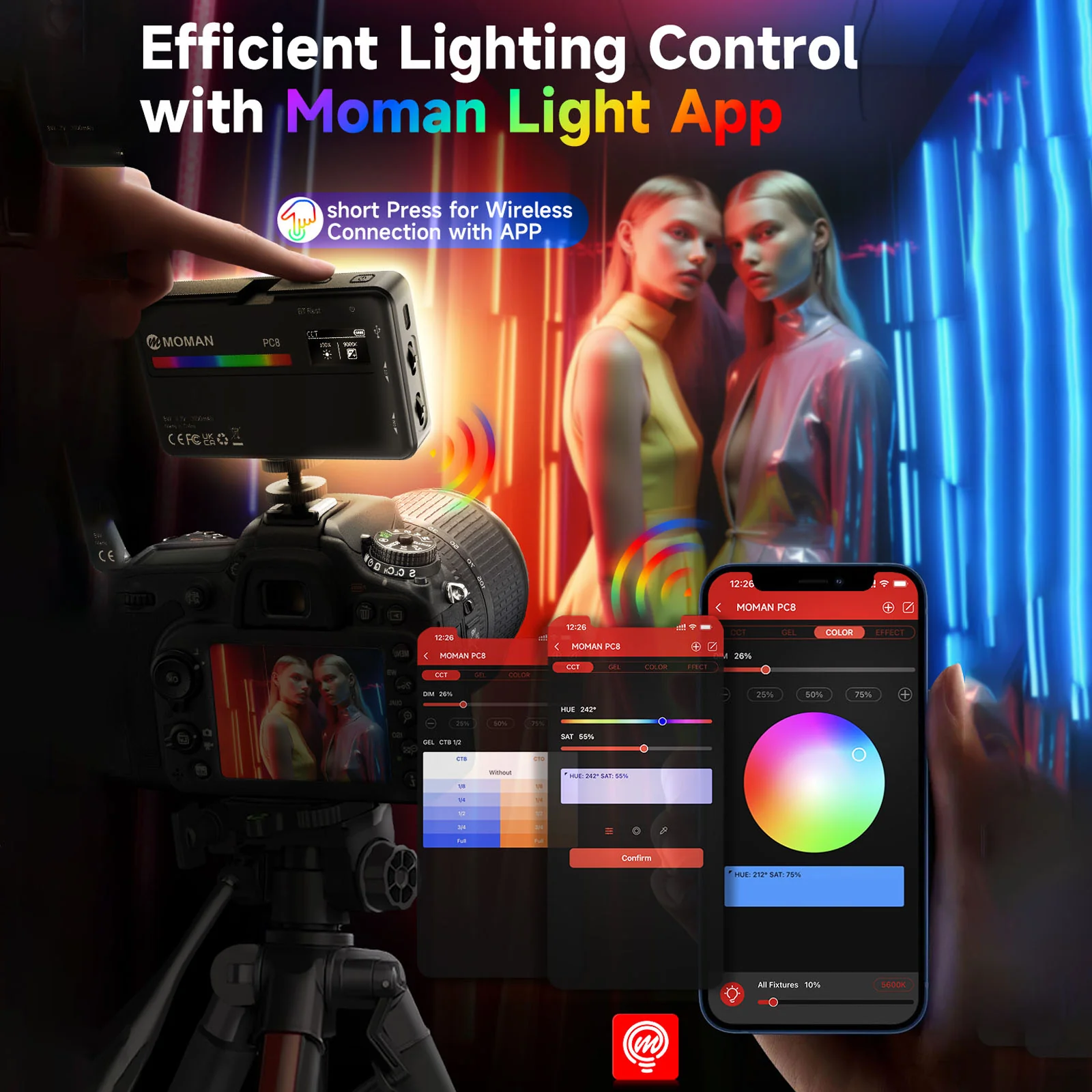 Moman PC8 LED Light for DSLR Camera with RGB Options, 2500K-9000K Portable for Photography, Live Streaming, and Recording - Image 3