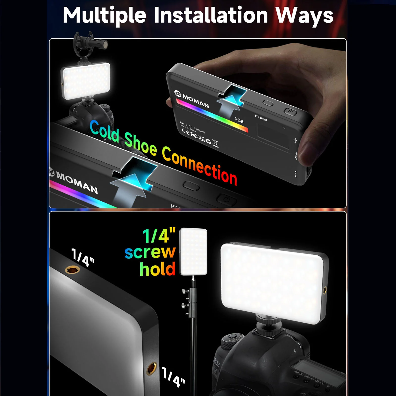 Moman PC8 LED Light for DSLR Camera with RGB Options, 2500K-9000K Portable for Photography, Live Streaming, and Recording - Image 4