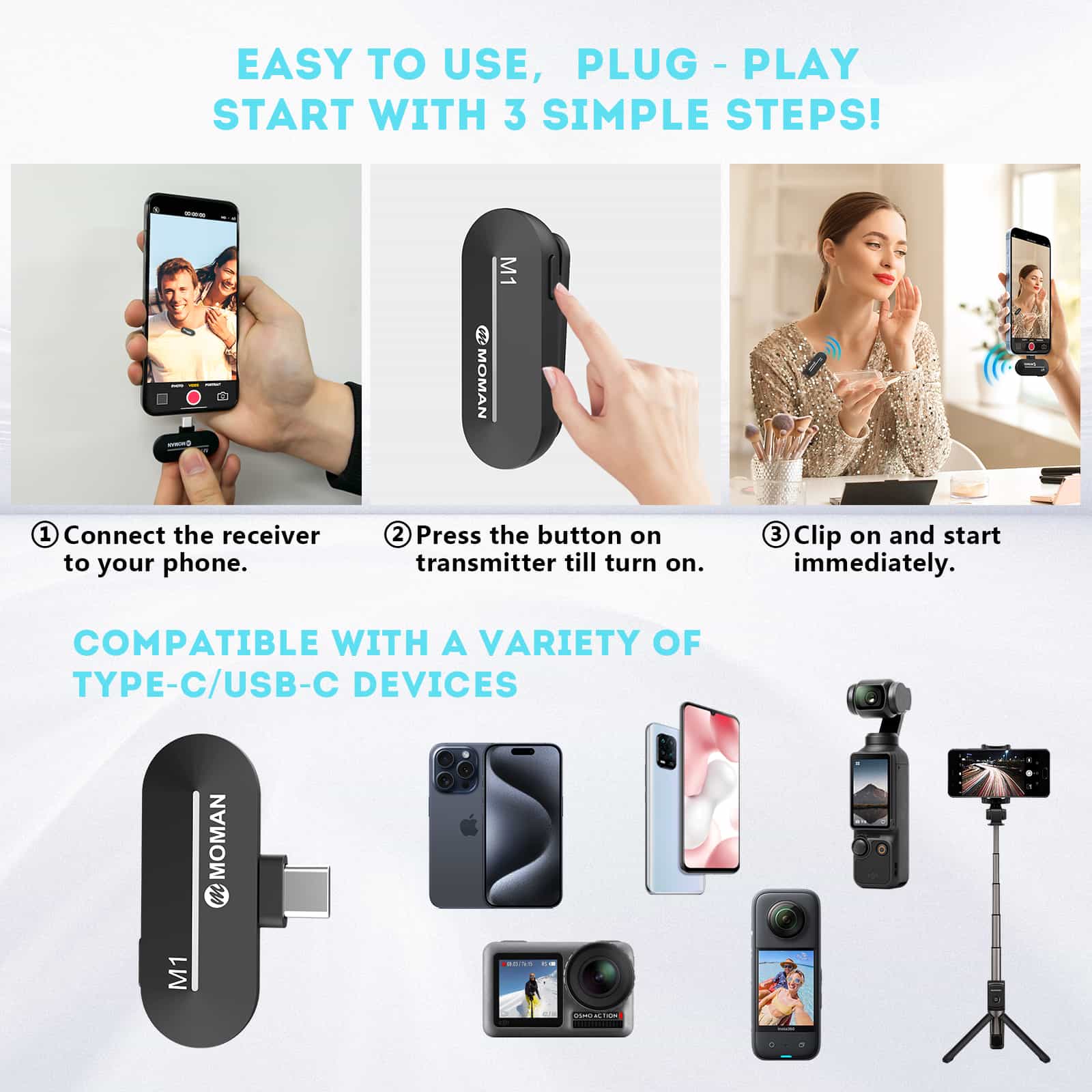 Moman M1 Mobile Wireless Microphone System, Plug-and-play Feature for Convenient Phone Recording - Image 5