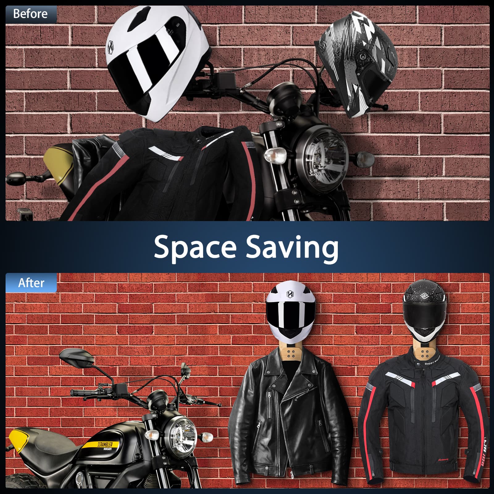 Moman HRW1 Motorcycle Helmet And Jacket Rack, Wall Mounted, Max. Load Capacity of 40kg, Wood and Metal Made, Vertical Storage - Image 5