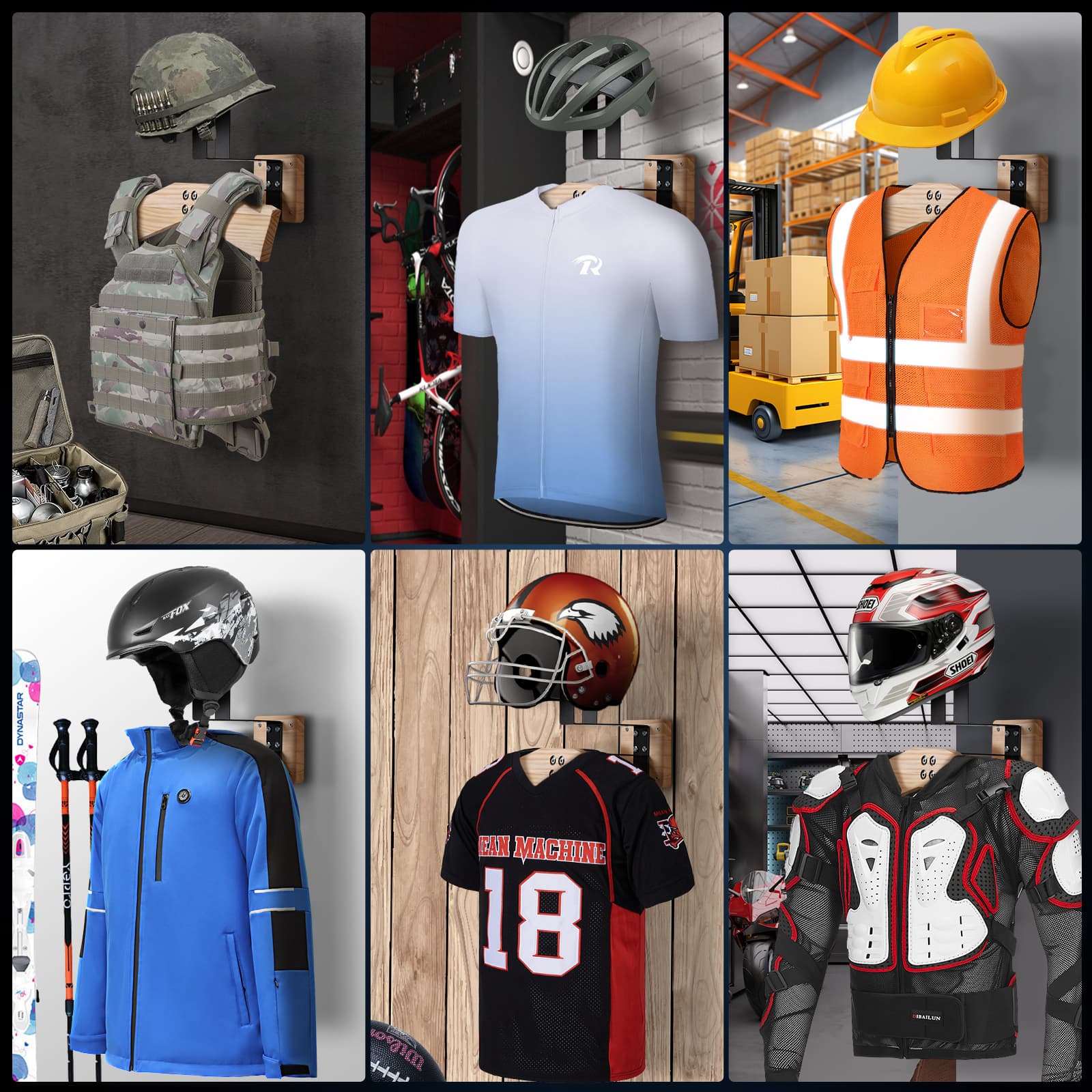 Moman HRW1 Motorcycle Helmet And Jacket Rack, Wall Mounted, Max. Load Capacity of 40kg, Wood and Metal Made, Vertical Storage - Image 7