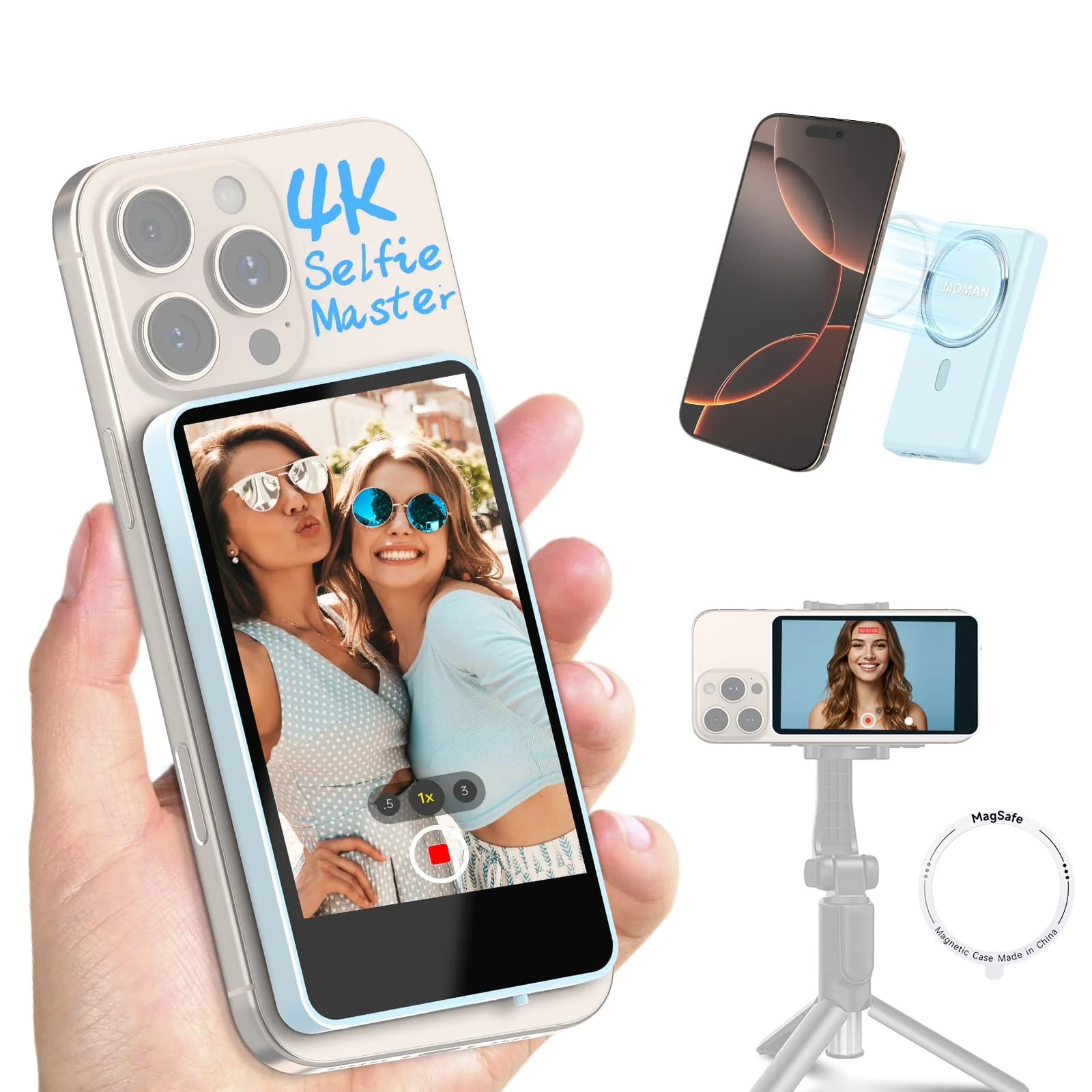 Moman XView M4 Phone Selfie Monitor Screen for iPhone and Android, 4-Inch Display, 5.8GHz P2P Transmission, 164ft Range, Magnetic Mount - Image 11