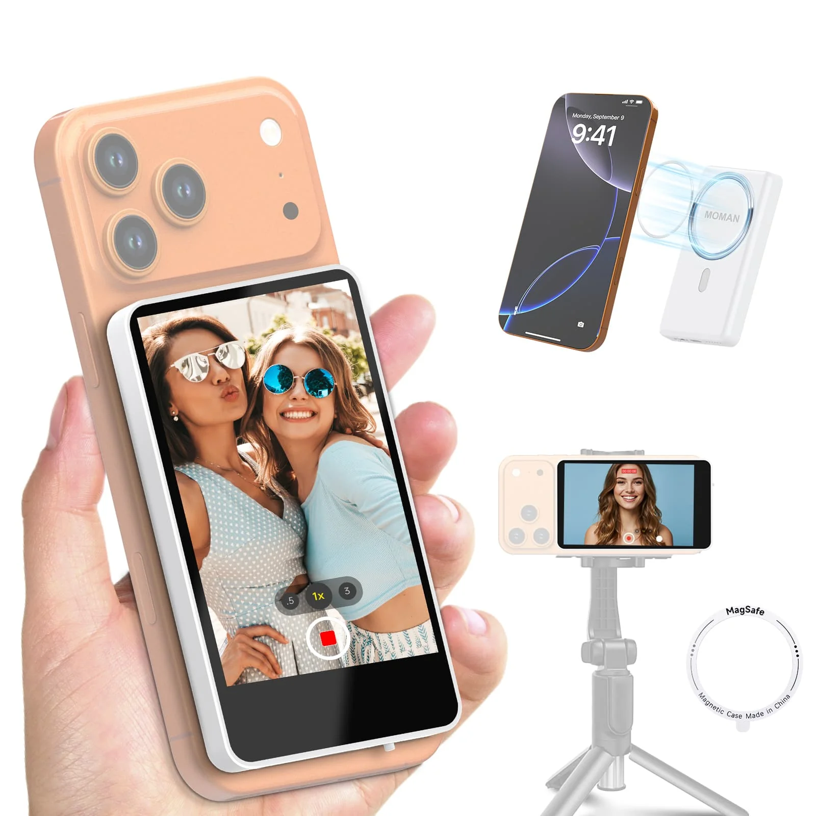 Moman XView M4 Phone Selfie Monitor Screen for iPhone and Android, 4-Inch Display, 5.8GHz P2P Transmission, 164ft Range, Magnetic Mount - Image 9