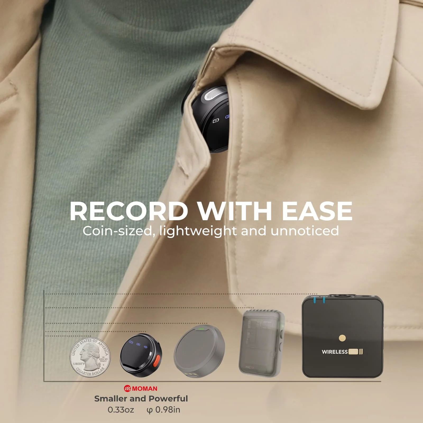 Moman Coin Wireless Button Microphone for Smartphones and Cameras, Active Noise Reduction, Flexible Wear, and 48H Working Featured - Image 3
